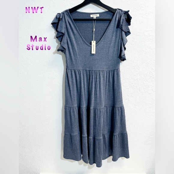 Max Studio Dresses & Skirts - NWT Max Studio Chambray Denim Blue textured Tiered Dress Womans SM